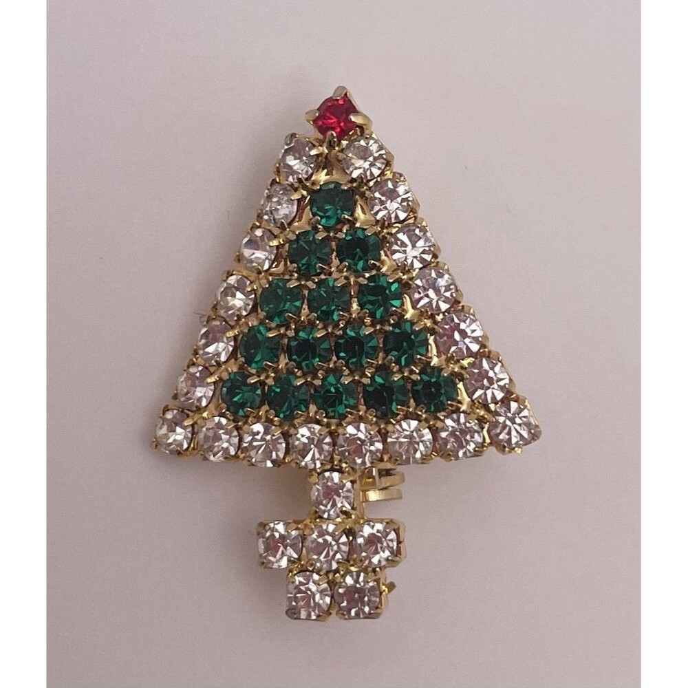 Vintage Christmas Tree Red Rhinestone Red Green Clear Goldtone Brooch
